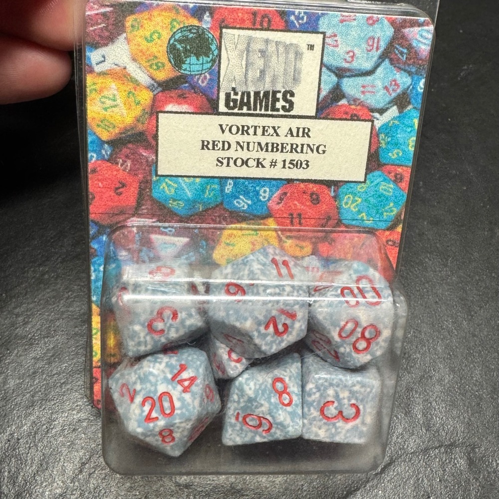 Xeno Games Vortex Air Red Numbering Dice Set Stock 1503 Blue White Speckled 7pc